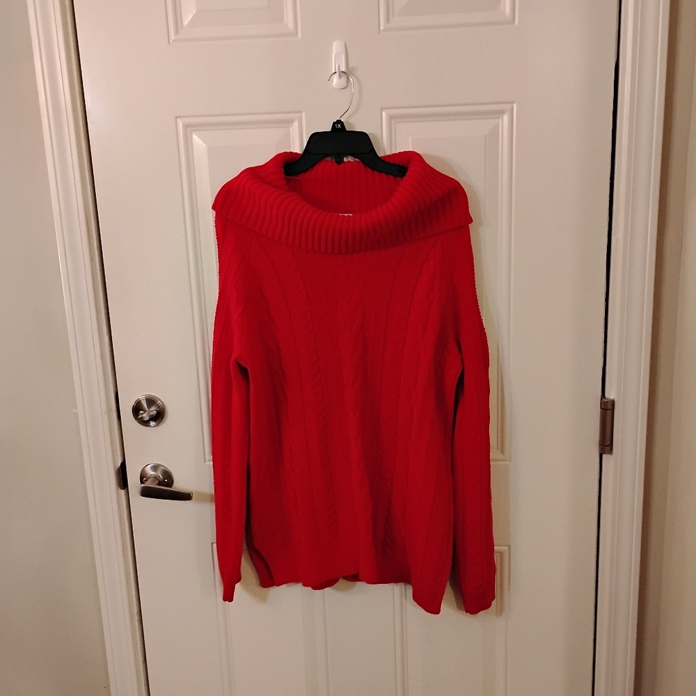 Cozy Red Women's Sweater Crown And Ivey. Cold Shoulder. Cowl Neck